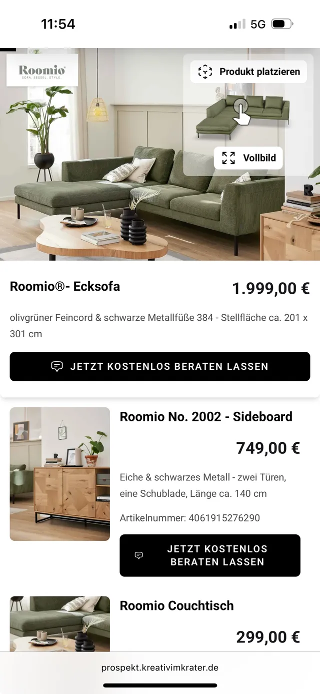 Digitale Ausgabe auf dem Handy: Produkt mit Preis und Beratungsknopf